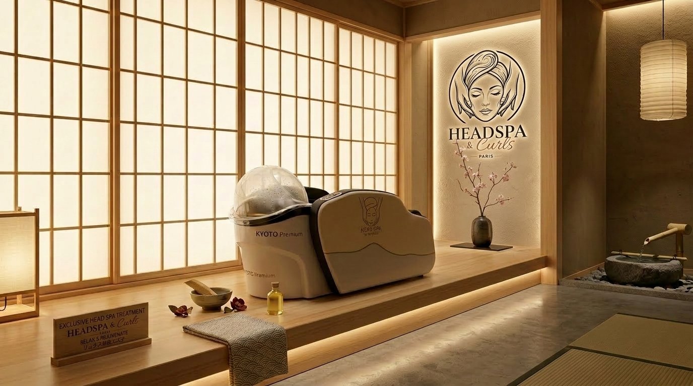 Fauteuil KYOTO Luxury HeadSpa dans l'institut japonisant Headspa & Curls Paris — portes shoji, logo mural et lanternes washi