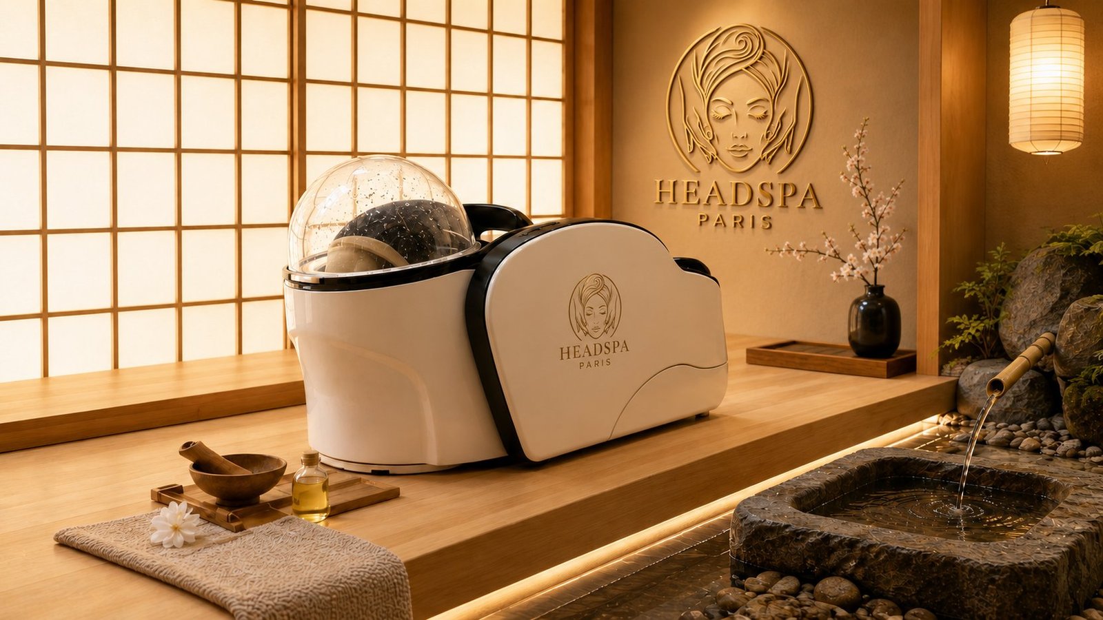 KYOTO Luxury — fauteuil HeadSpa haut de gamme dans le décor japonisant de l'institut Headspa & Curls Paris (portes shoji, logo mural, bassin zen)