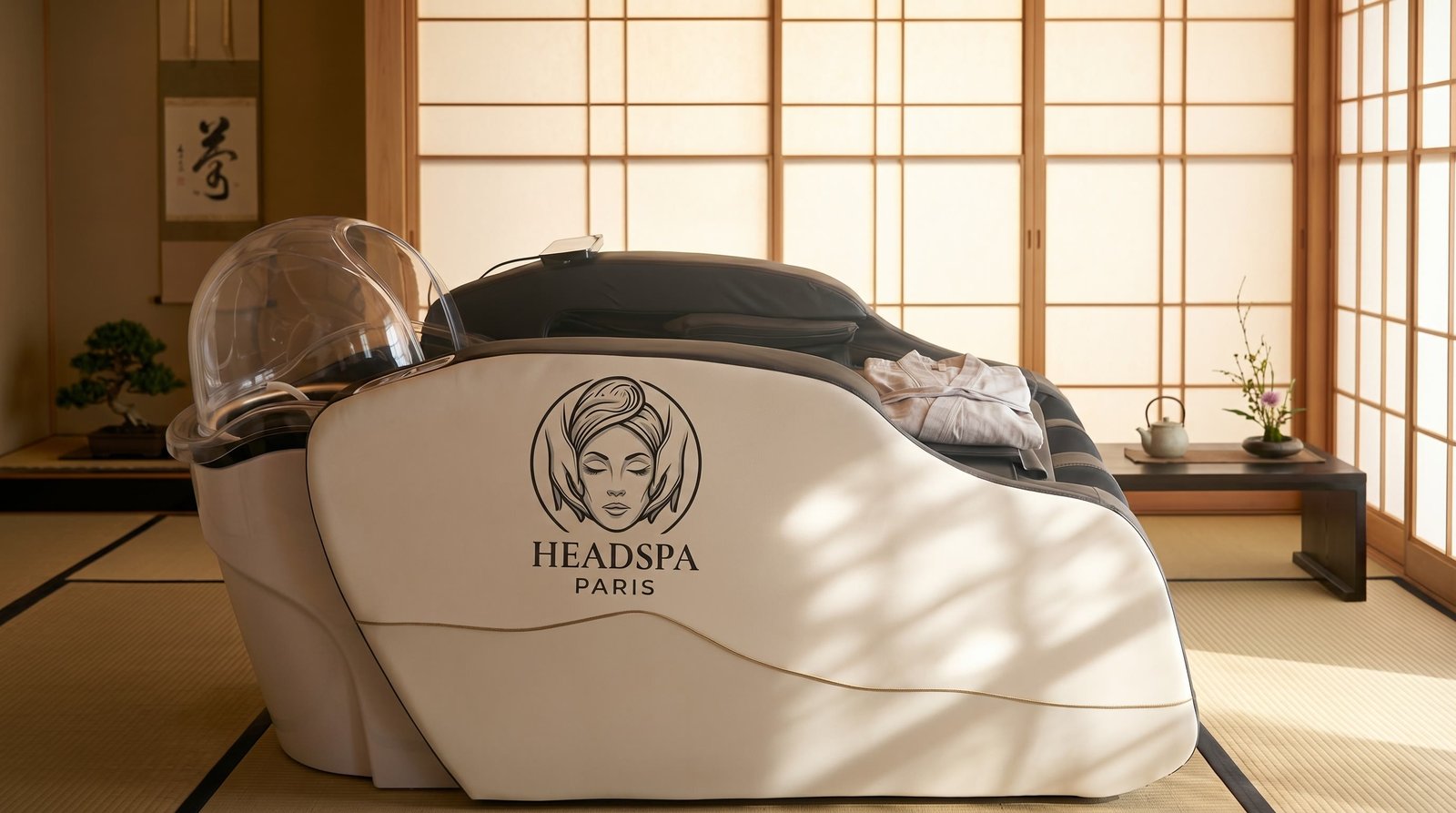 KYOTO Luxury — Fauteuil électrique HeadSpa haut de gamme avec logo HeadSpa Paris, dans un décor japonisant