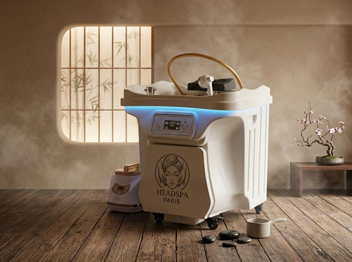 YUMI 2.0 — Bac HeadSpa portatif 60L avec logo HeadSpa Paris, décor zen japonisant